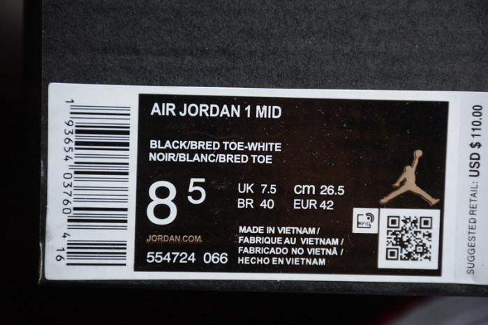 air jordan 1 mid bred toe  554724-066
